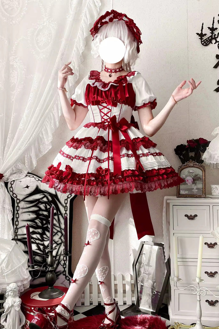 White/Red Layered Red Velvet Short Sleeves Ruffle Bowknot Lace Sweet Lolita Dress