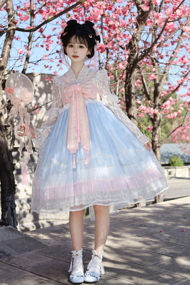 Peach Blossoms in Spring Fields Sleeveless Ruffle Bowknot Lace Sweet Chinese Style Lolita Jsk Dress 3 Colors