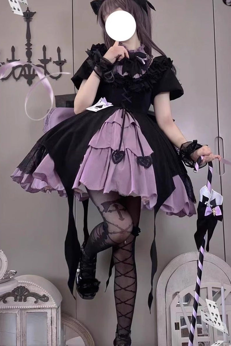 Black/Purple Phantom Thief Ace of Spades Short Sleeves Ruffle Bowknot Gothic Lolita Dress Set