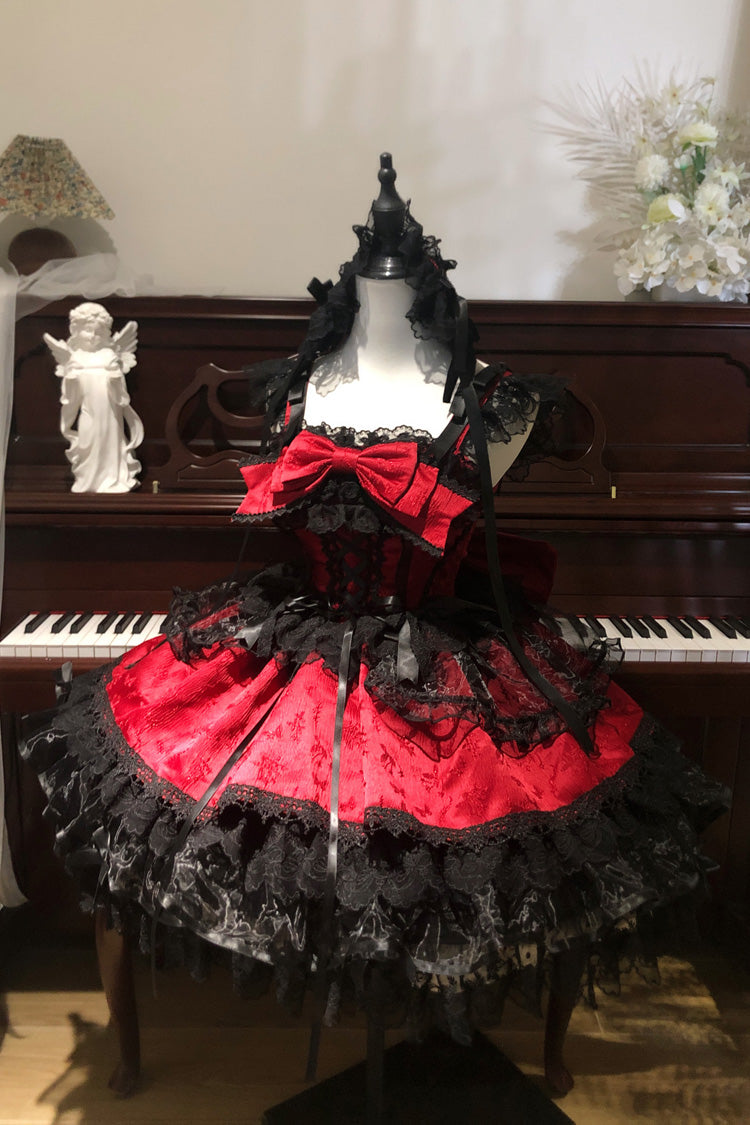 Red Fleishi Island Sleeveless Ruffle Bowknot Lace Slim Sweet Ballet Lolita Jsk Dress