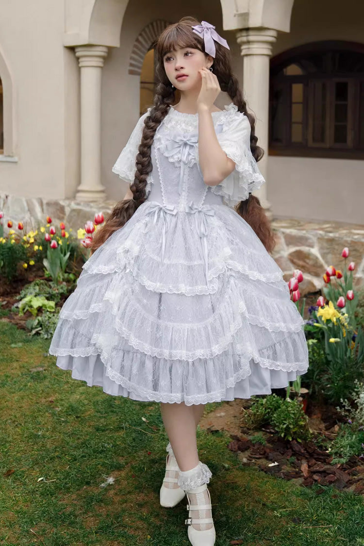 Blue Iris Love Multi-layer Jacquard Bowknot Sweet Elegant Princess Lolita Jsk Dress