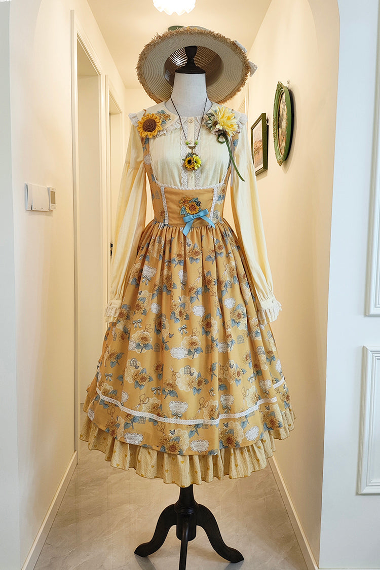 Yellow Gardening Sunflower Sleeveless Print Ruffle Bowknot Sweet Elegant Uplift Lolita Jsk Dress
