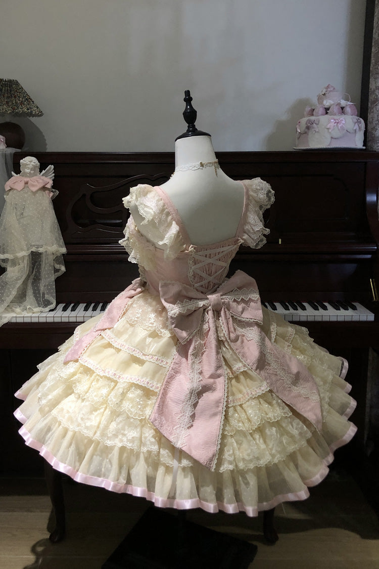 Yellow Cream Puff Mille-Feuille Sleeveless Multi-Layered Bow Lace Sweet Lolita Jsk Dress
