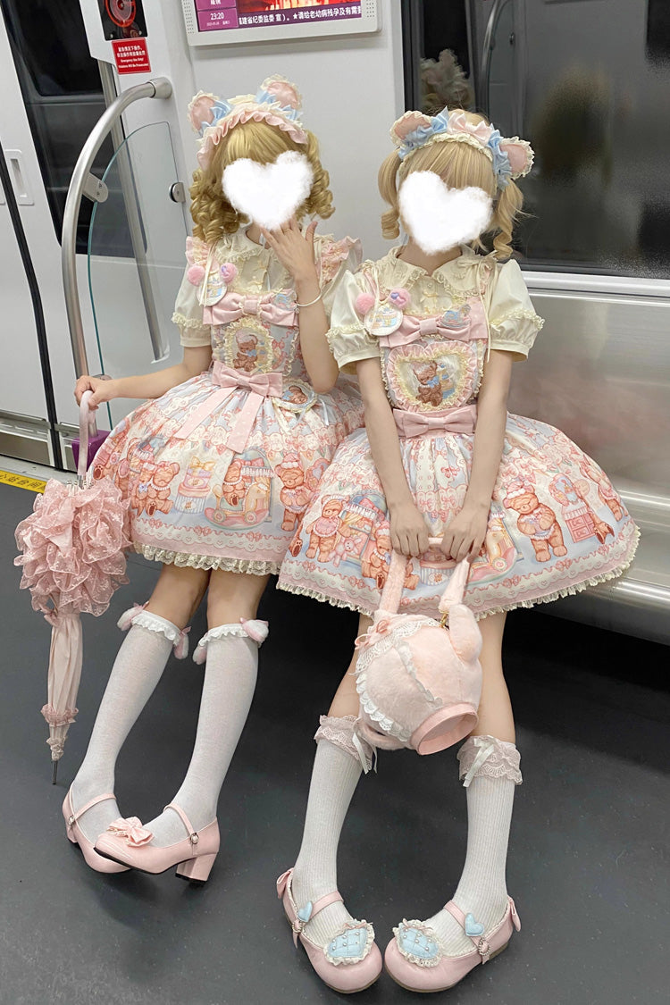 Bear Anniversary Celebration Sleeveless Printed Ruffled Bow Sweet Lolita Strap Dress 2 Colors