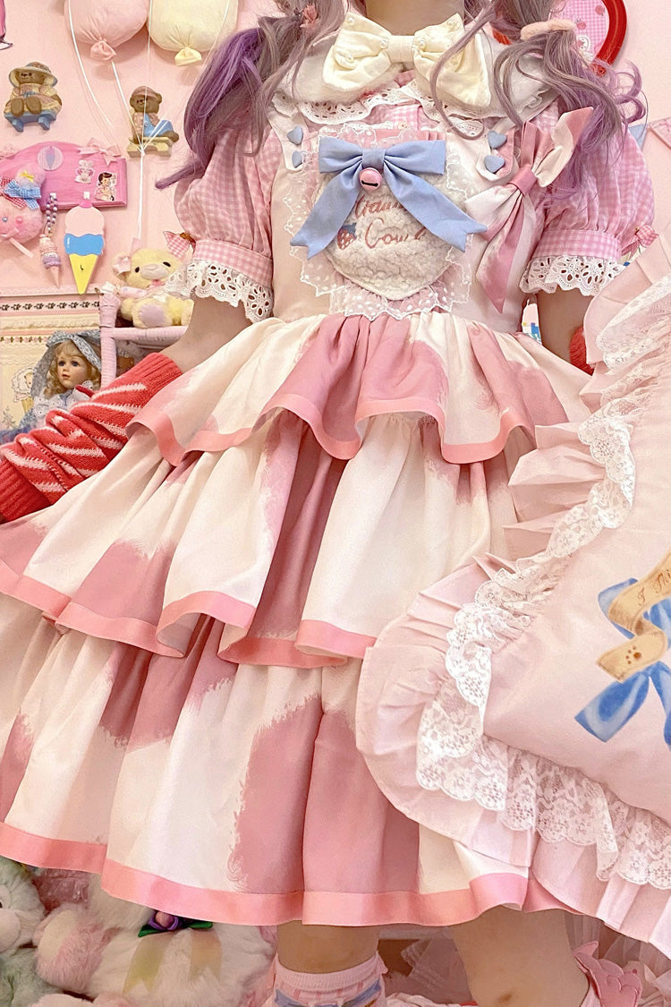 Pink Sleeveless Triple-Layered Cow Print Ruffle Bowknot Sweet Lolita Jsk Dress