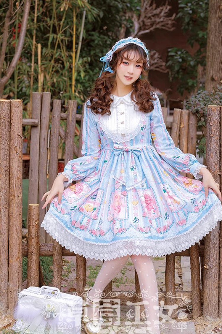 Blueberry Berries Print Long Sleeves Bowknot Sweet Princess Lolita Dress 4 Colors