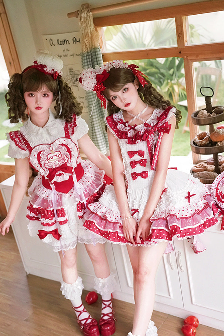 Red/White Twin Bears Sleeveless Triple-Layered Print Ruffle Bowknot Lace Sweet Lolita Jsk Dress