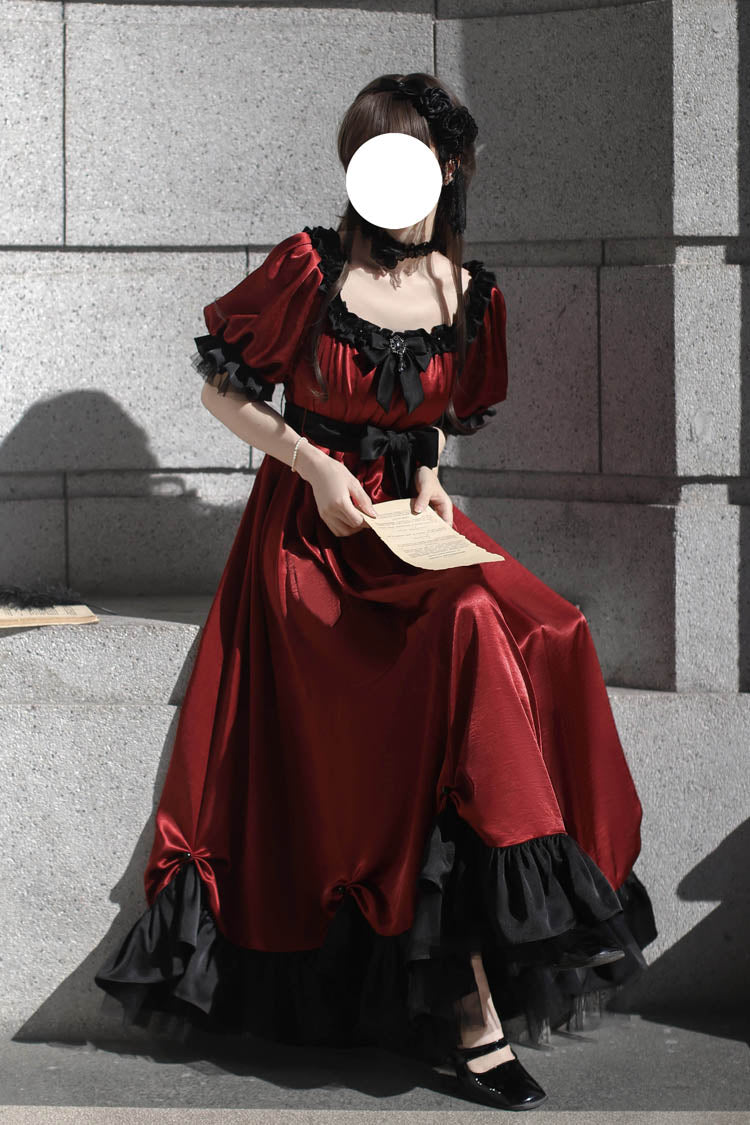 Red Square Collar Short Sleeves Ruffle Bowknot Sweet Regency-Style Vintage Lolita Dress