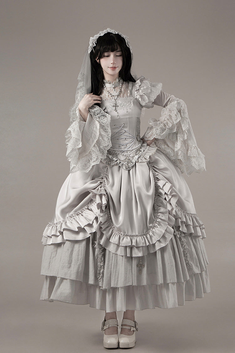 Solid Color Bionic Doll Square Collar Multi-Layered Ruffle Bowknot Lace-Up Gothic Lolita Long Skirt Corset Set