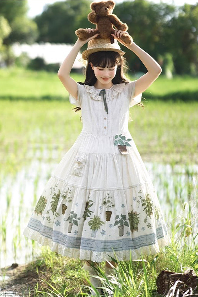 Ivory Potted Plant Short Sleeves Print Ruffle Sweet Lolita Dress