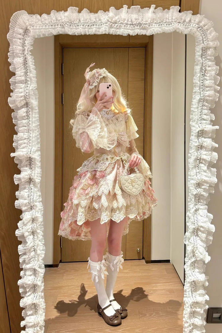 Pink Peacock Feather Multi-Layered Ruffle Hanayome Cardigan Bowknot Lace Sweet Lolita Jsk Dress Set