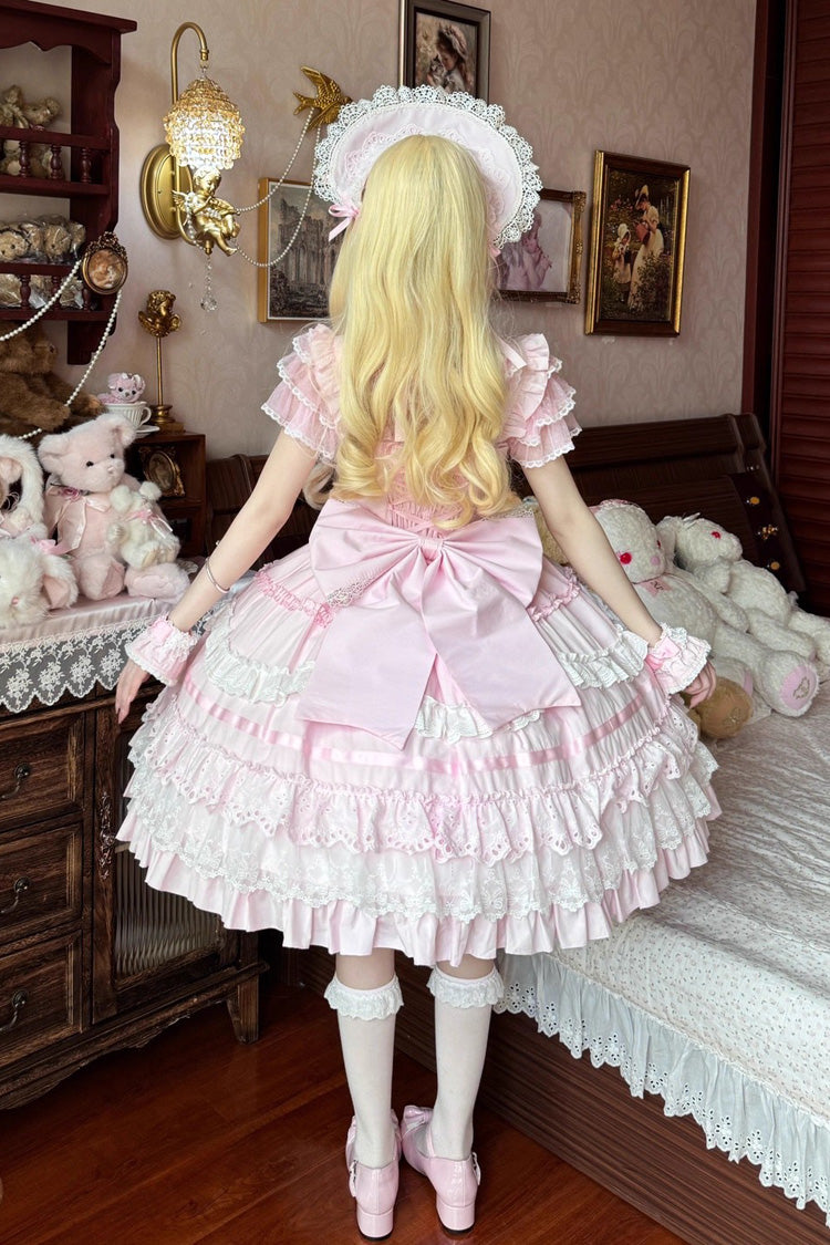 Pink Super Cute Belia Sleeveless Triple-Layered Ruffle Bowknot Lace Sweet Elegant Lolita Jsk Dress