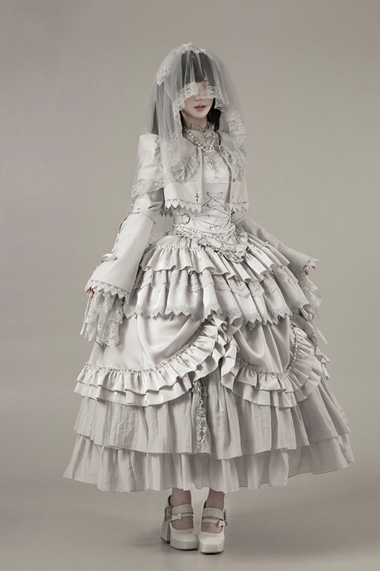 Solid Color Bionic Doll Square Collar Multi-Layered Ruffle Bowknot Lace-Up Gothic Lolita Long Skirt Corset Set