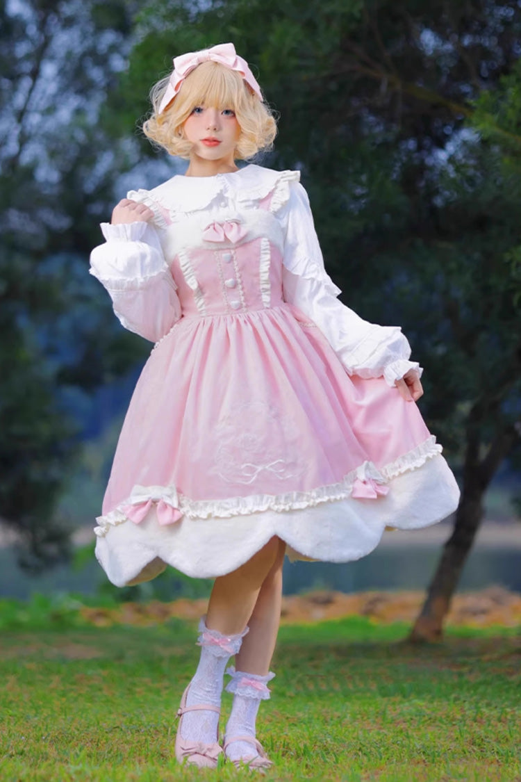 Pink Deer Print Embroidery Bowknot Princess Autumn Winter Sweet Lolita JSK Dress