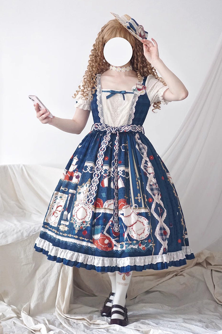 Dark Blue Tea Party Short Sleeves Print Ruffle Bowknot Lace Sweet Elegant Lolita Dress