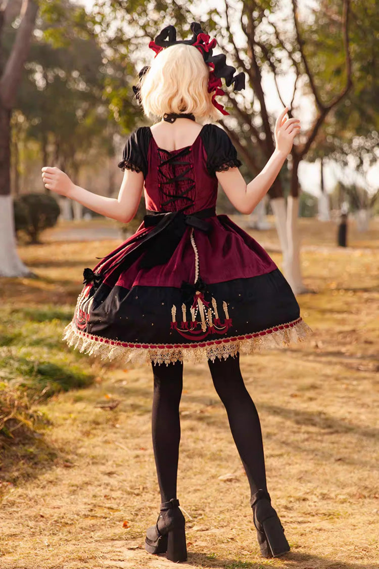 Chandelier Printed Sweet Short Sleeves Bow Lace-Up Pearl-Decorated Lolita Dress 4 Colors
