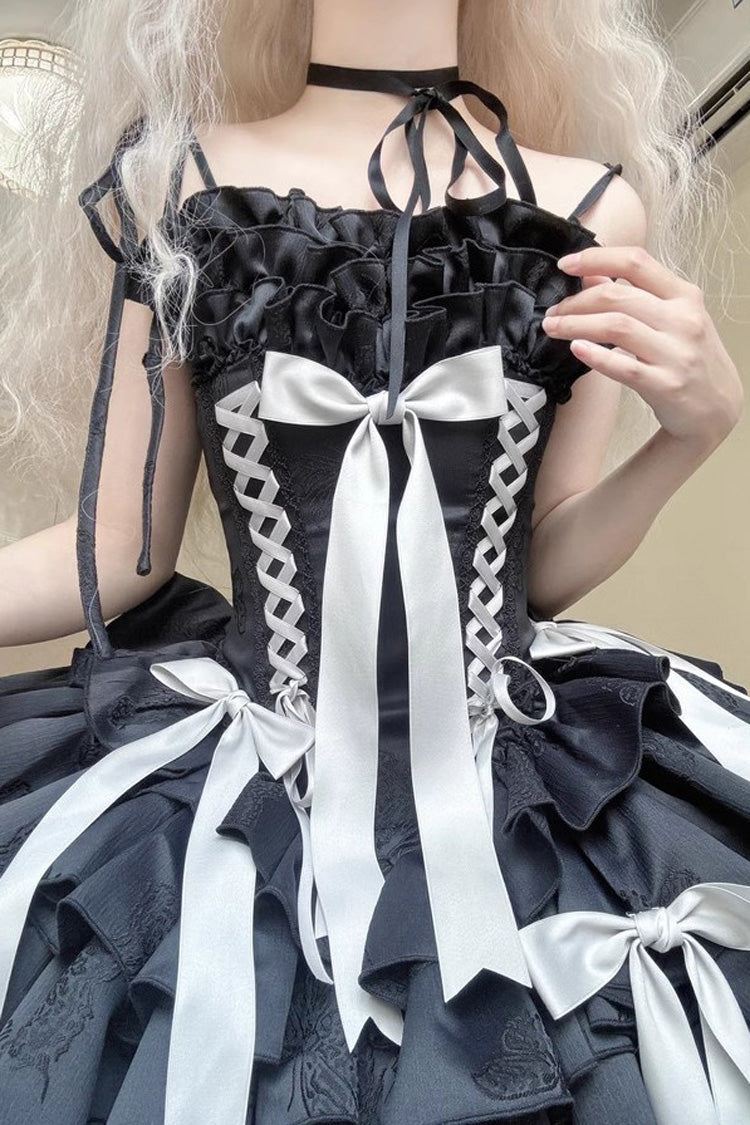 Thousand Paper Cranes Sleeveless Multi-Layered Ruffle Bowknot Lace-Up Fishbone Gothic Lolita Jsk Dress 4 Colors