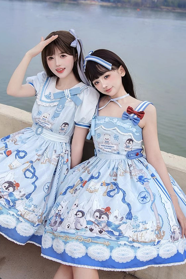 Blue Penguin Navy Print Ruffle Bowknot Sweet Princess Lolita Jsk Dress