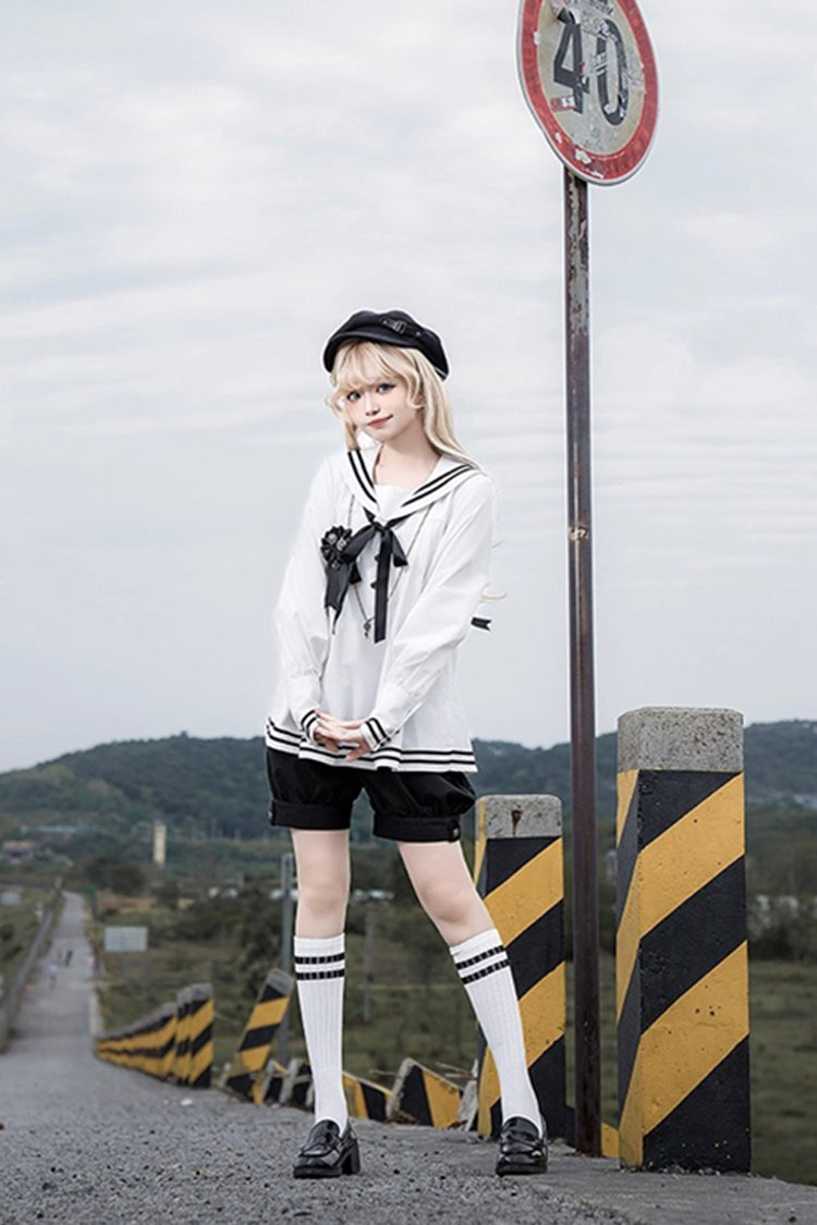 Black/White Old Stories Navy Collar Long Sleeves Bowknot Ouji Gothic Lolita Blouse Shorts Set