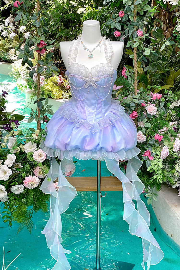 Blue Starlight Jellyfish Princess Halterneck Sleeveless Ruffle Lace Sweet Lolita Jsk Dress