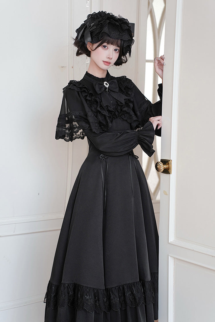 Letters & Poems · Day and Night Stand Collar Long Sleeves Ruffle Bowknot Lace-Up Gothic Lolita Dress 2 Colors
