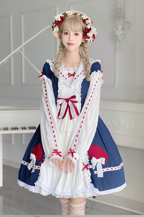 Blue/White Round Collar Bowknot Long Sleeves Multi-Layer Ruffled Sweet Lolita OP Dress