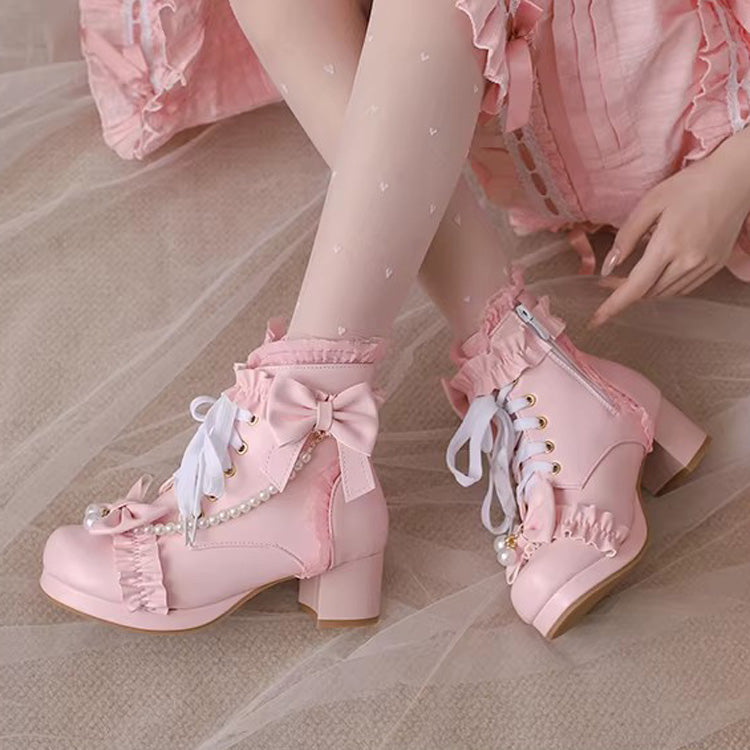 Sweet Ruffled Bow Pearl-Decorated Lolita Ankle Boots 3 Colors
