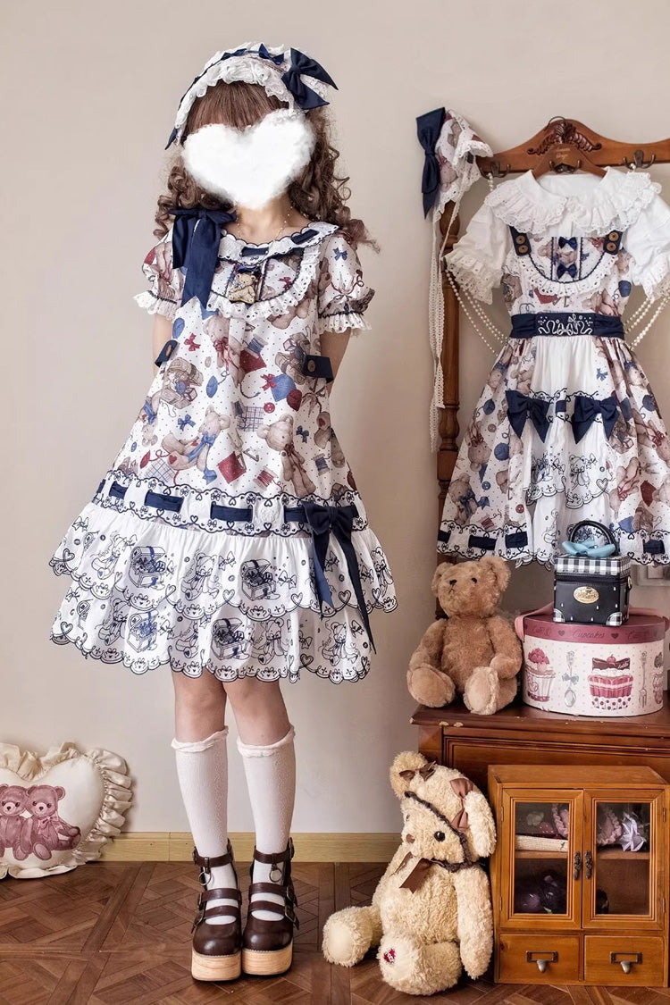 Multi-Color Little Bear Tailor Round Collar Short Sleeves Double-Layered Printed Ruffled Bow Sweet Lolita Dress
