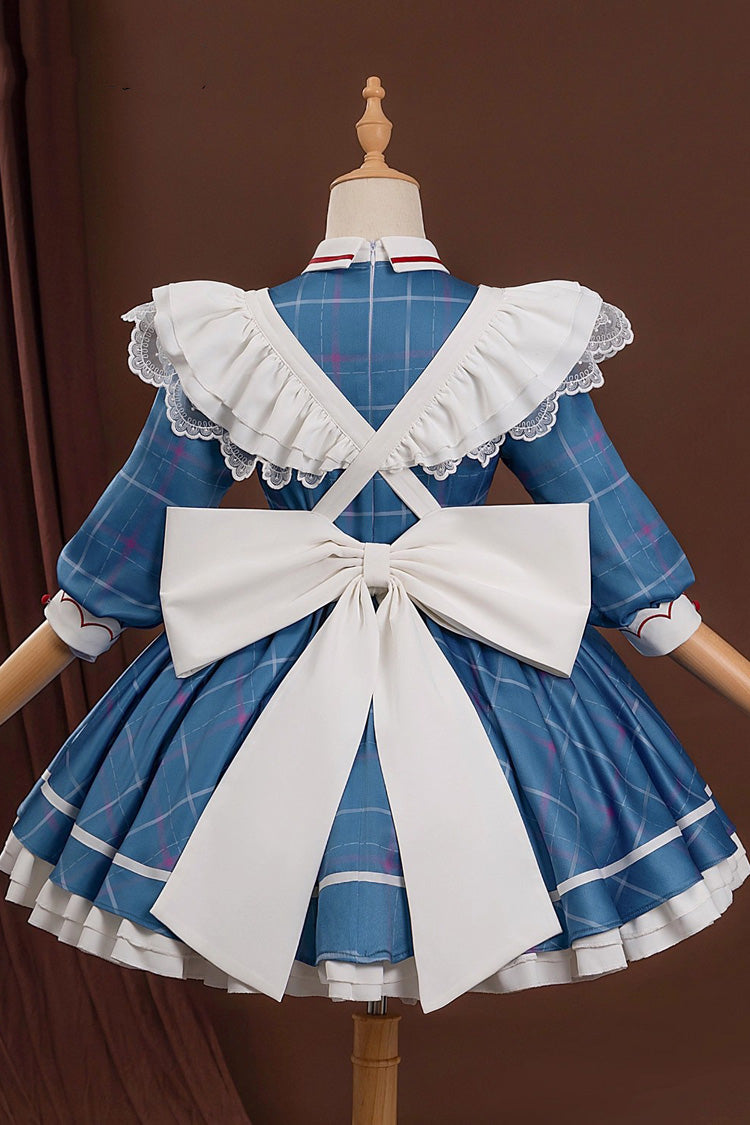 Blue Arknights Amiya Cosplay Half Sleeves Print Ruffle Bowknot Sweet Maid Lolita Dress Set