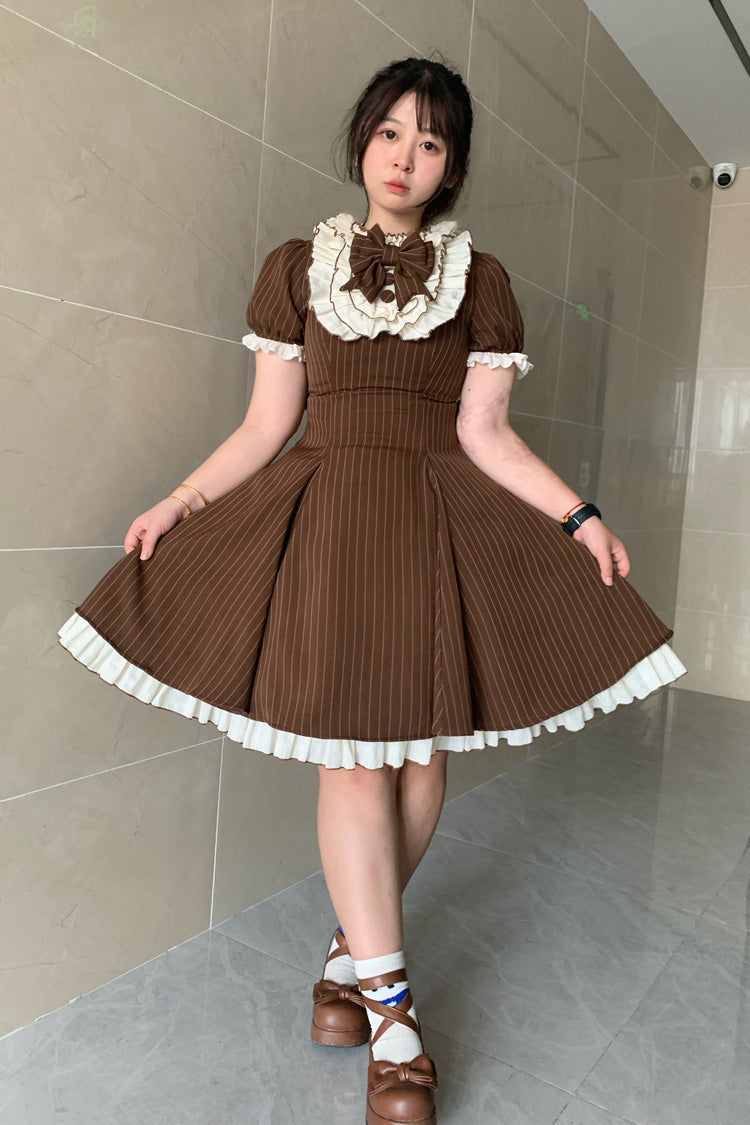 Brown Short Sleeves Stripe Print Ruffle Bowknot Sweet Plus Size Maid Lolita Dress