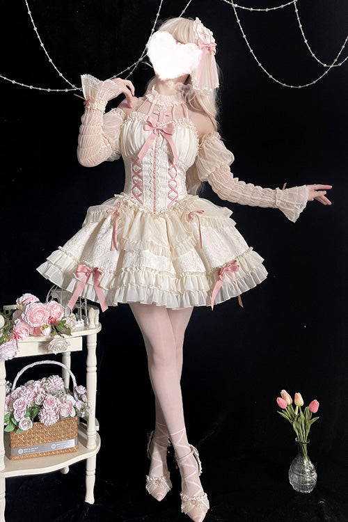 Ivory Pink Tube Top Sleeveless Blowknot Ruffled Sweet Lolita Tiered Dress