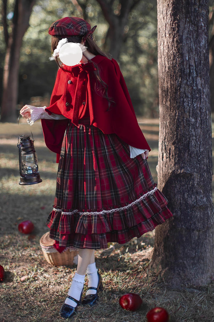 Red Little Red Riding Hood Double-Layered Plaid Print Ruffle Bowknot Sweet Vintage Lolita Jumper Dress