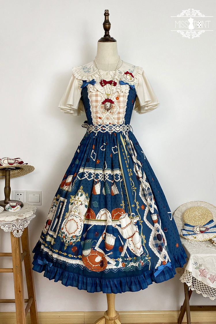 Dark Blue Tea Party Print Ruffle Bowknot Lace Sweet Elegant Lolita Jsk Dress