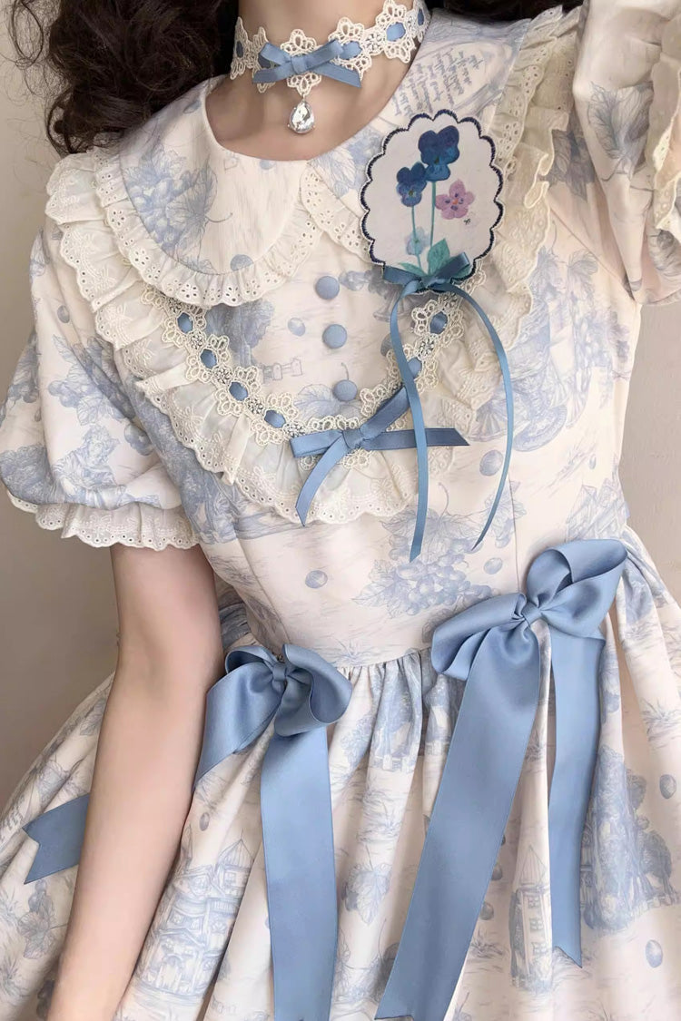 Blue Grape Moon Almanac Short Sleeves Multi-Layered Printed Ruffled Bow Sweet Lolita Dress