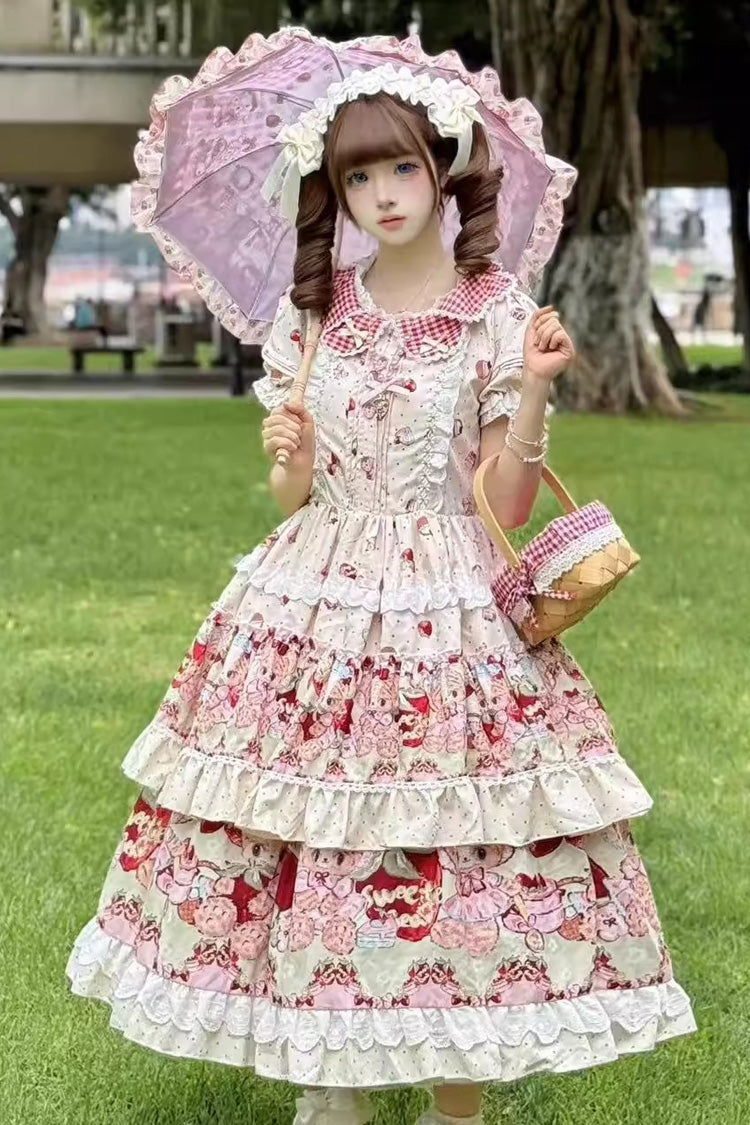 Ivory Bear Strawberry Ode Print Short Sleeves Double-Layered Ruffle Bowknot Sweet Princess Lolita Jsk Dress