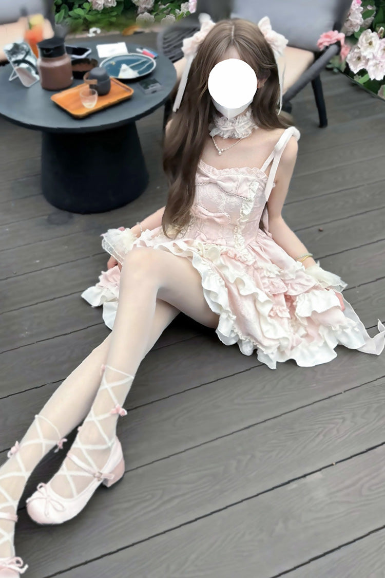 Pink Heart of Butterfly Halterneck Sleeveless Multi-Layered Ruffle Embroidery Princess Ballet Lolita Jsk Dress Set