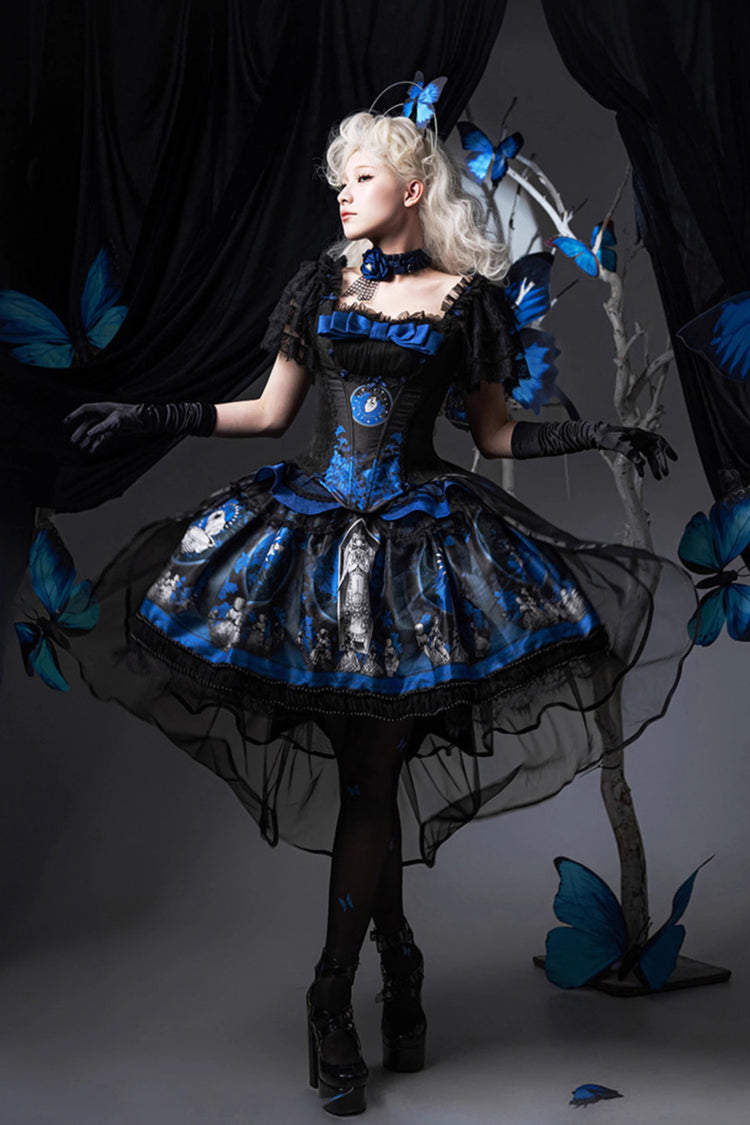 Blue Dark Moon Corridor Print Embroidery Gothic Lolita Dress Skirt