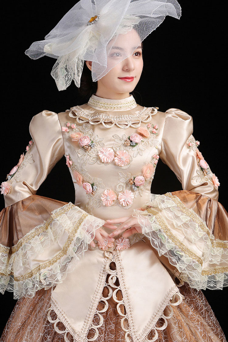 Champagne Multi-Layer Hime Sleeves High Waisted Hollow Embroidery Three-Dimensional Flower Print Victorian Lolita Prom Dress