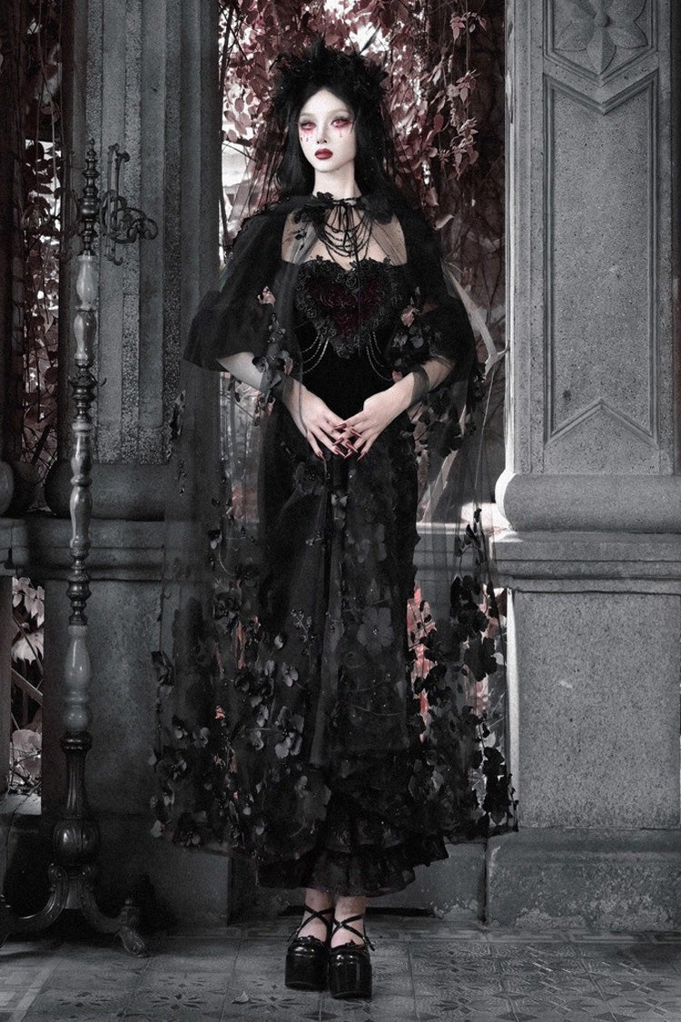 Black Castle of Dark Romance Square Collar Short Sleeves Multi-Layered Ruffled Embroidered Open-Front Lace Gothic Lolita Mermaid Dress