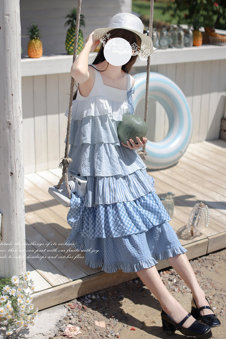 Blue Go To The Beach Multi-Layered Print Ruffle Holiday Sweet Lolita Jsk Dress