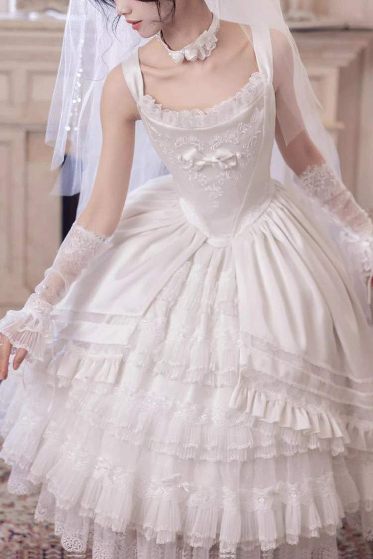 White Promise of the Rose Multi-Layered Ruffled Hanayome Open-Front Bow Sweet Gorgeous Lolita Jsk Dress Set