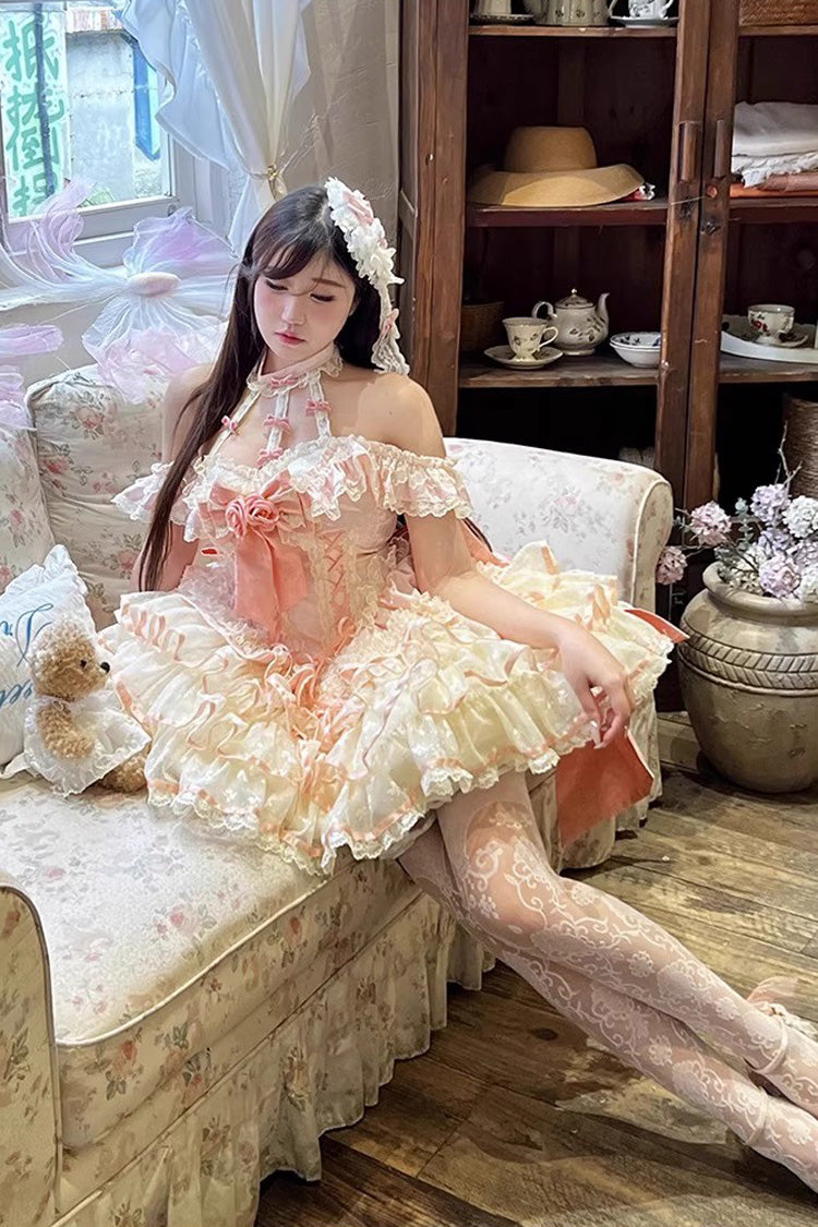 Pink Flower Language of Eros Halterneck Multi-Layered Ruffle Bowknot Rose Lace Lace-Up Sweet Ballet Lolita Jsk Dress