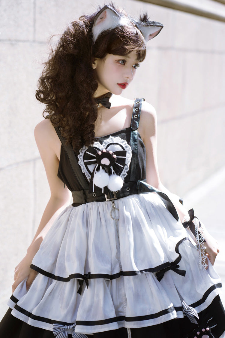 Black/White Cat Fist Triple-Layered Ruffle Bowknot Sweet Lolita Jsk Dress