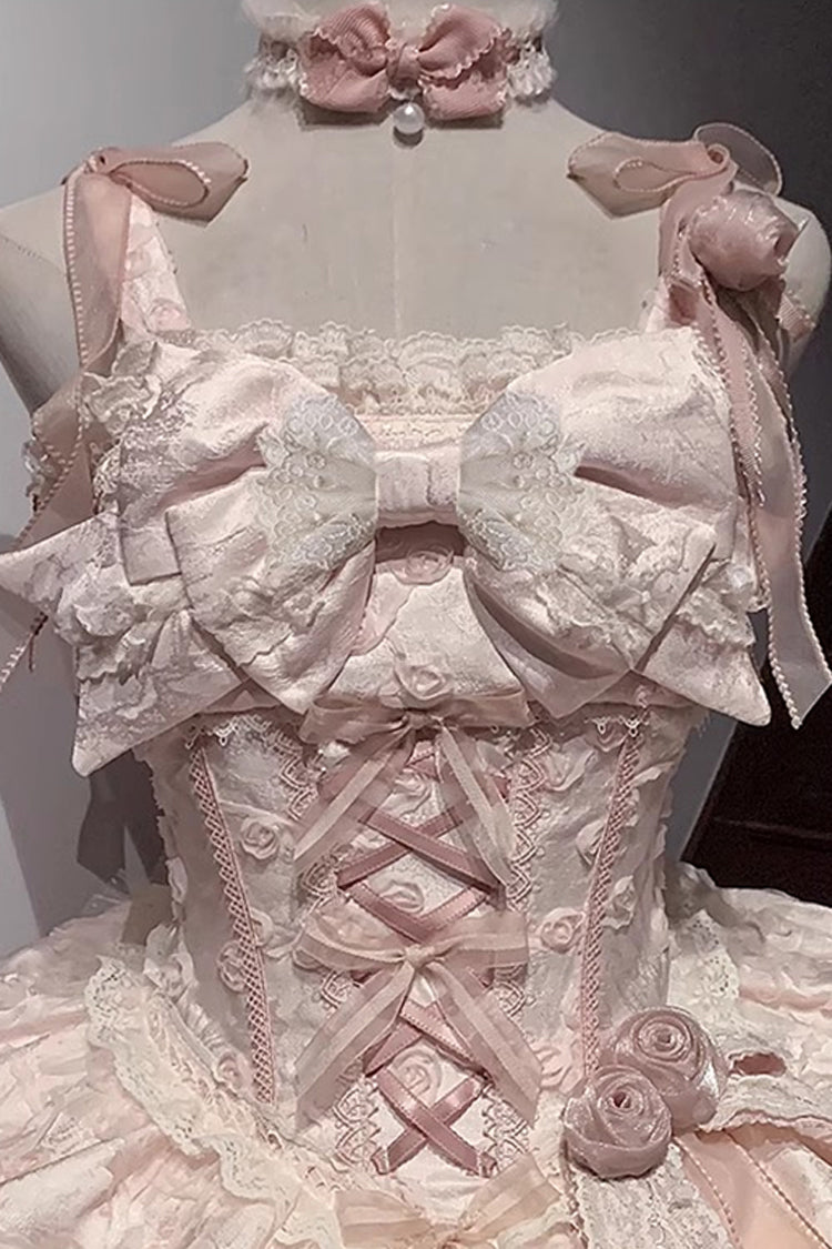 Pink Floral Overture Double-Layered Ruffle Embroidery Bowknot Lace Sweet Lolita Jsk Dress