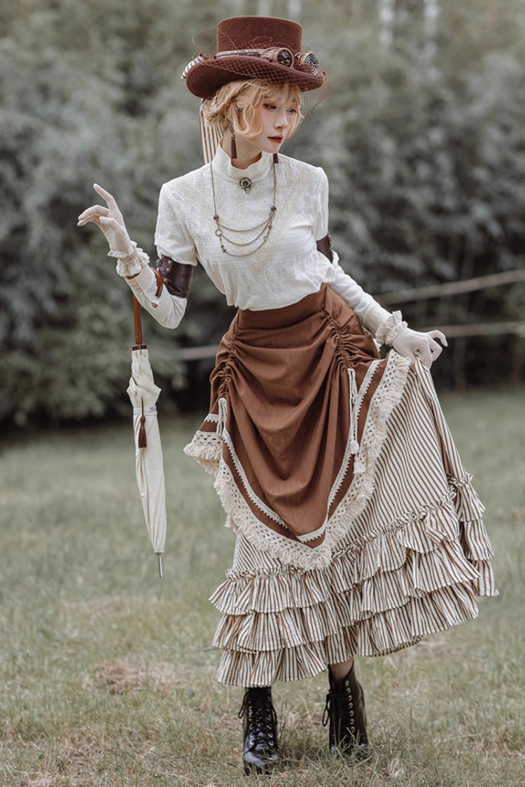 White/Brown Victorian Style Triple-Layered Striped Print Ruffle Classic Vintage Lolita Basil Skirt