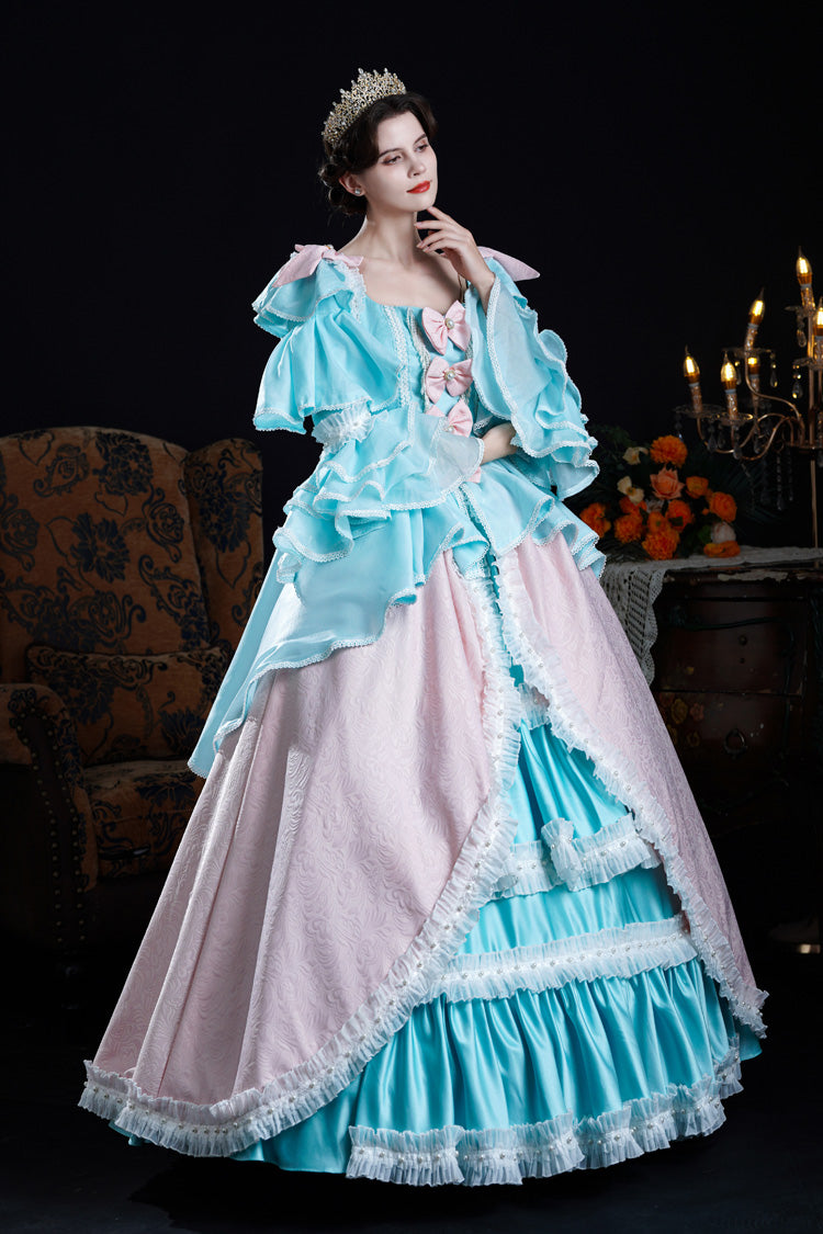 Blue/Pink Square Collar Long Trumpet Sleeves Triple-Layered Ruffled Open-Front Bow Classic Vintage Palace Lolita Victorian Dress