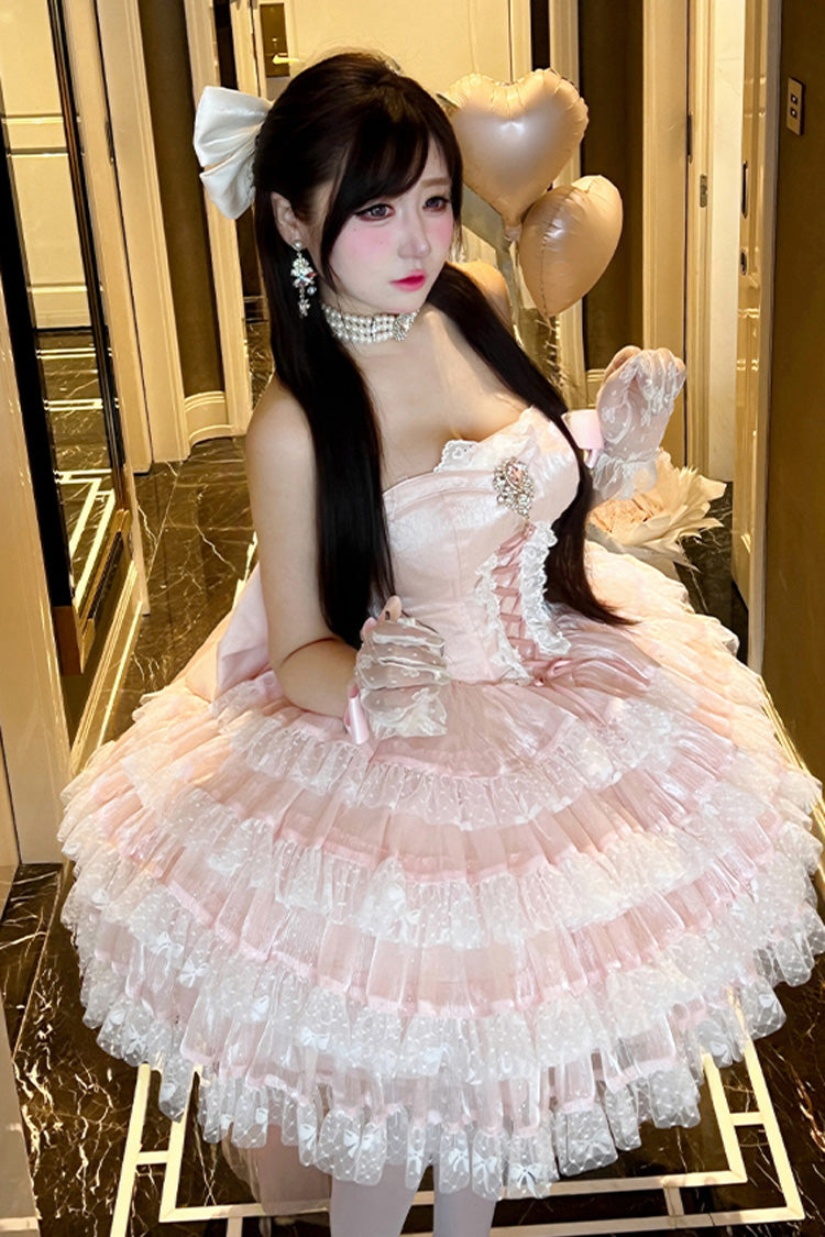 Pink Heartbeat at First Sight Off Shoulder Sleeveless Multi-Layered Ruffle Bowknot Lace Lace-Up Sweet Princess Gorgeous Lolita Dress