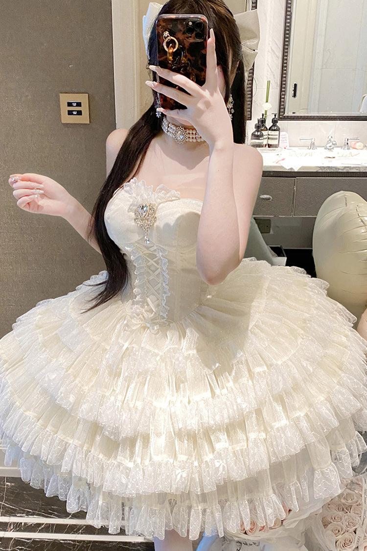 Beige Heartbeat at First Sight Off Shoulder Sleeveless Multi-Layered Ruffle Bowknot Lace Lace-Up Sweet Princess Gorgeous Lolita Dress