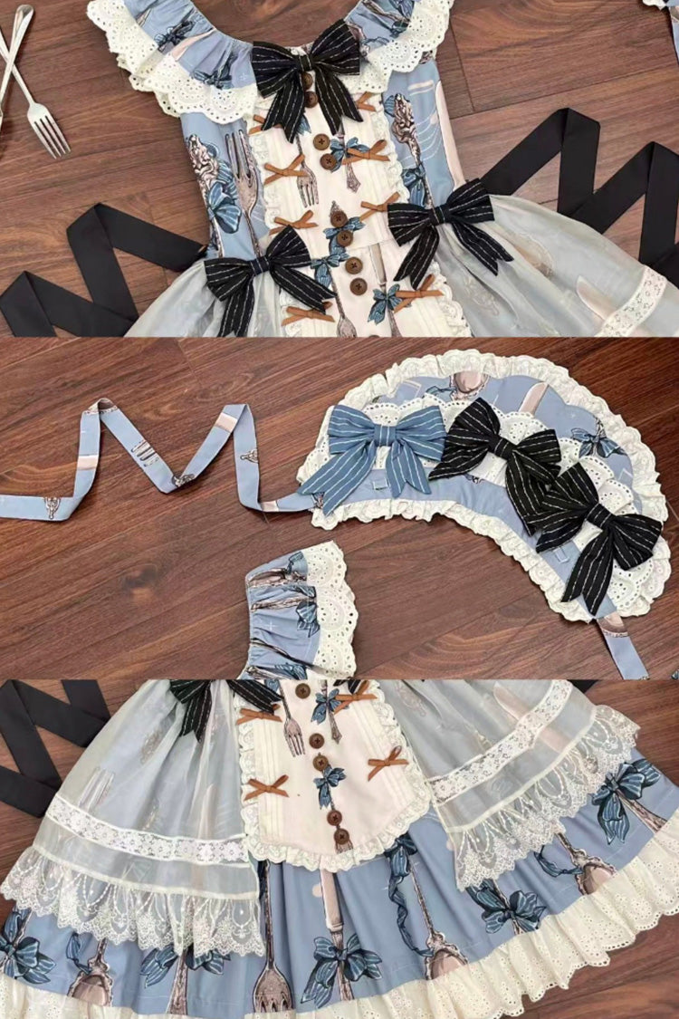 Blue The Witch's Banquet Sleeveless Printed Ruffled Embroidered Bow Lace Sweet Lolita Jsk Dress