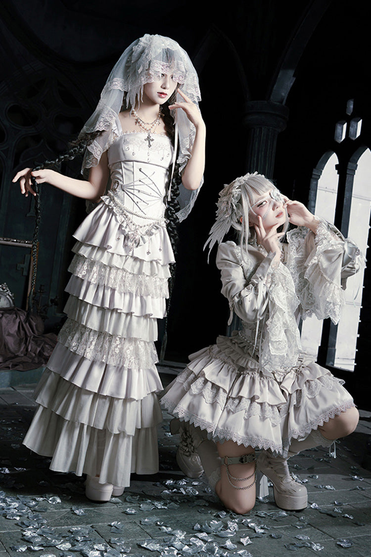 Solid Color Bionic Doll Square Collar Multi-Layered Ruffle Bowknot Lace-Up Gothic Lolita Fishtail Skirt Corset Set